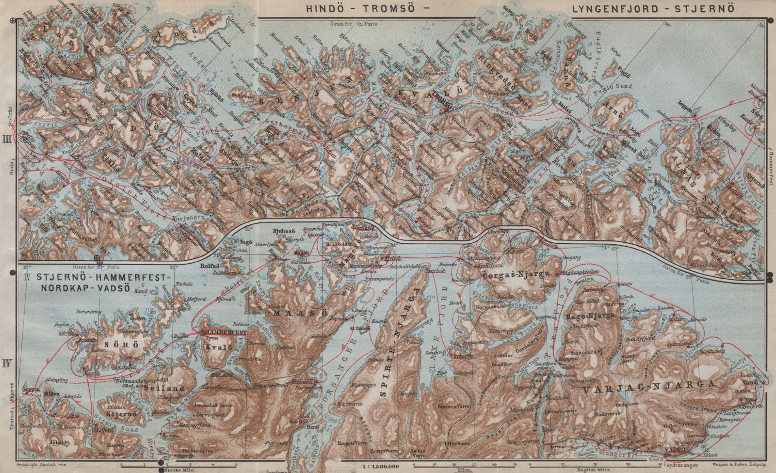 NORWAY NORTH COAST. Tromso-North Cape/Nordkapp-Vadso Topo-map. Norway 1912